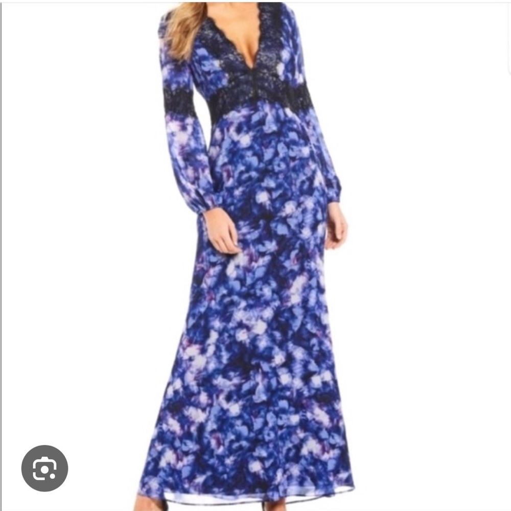 Badgley Mischka Lace V-neck Purple and Black Floral Maxi Dress
